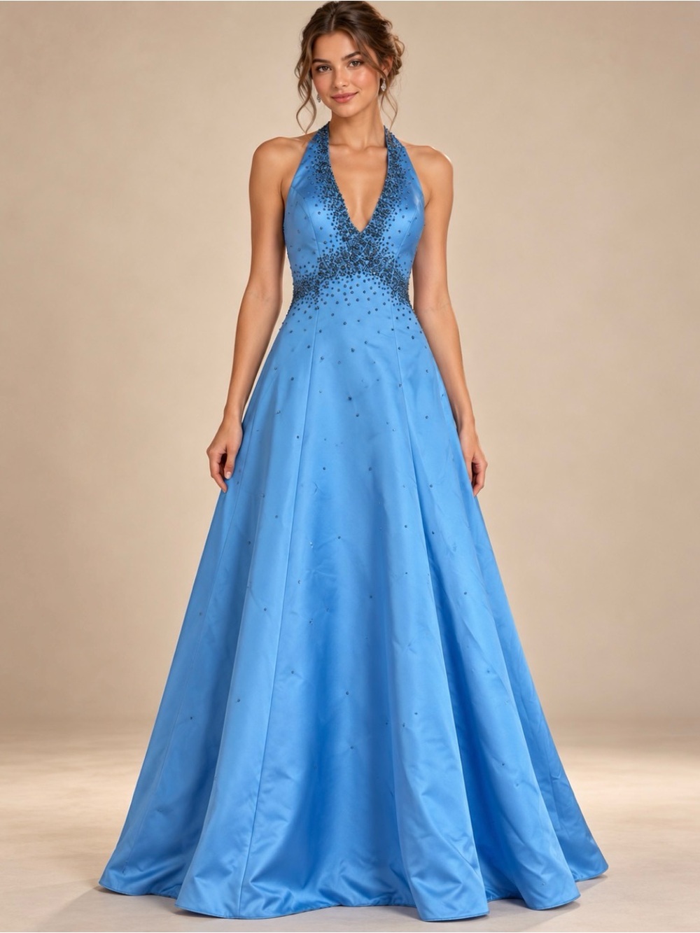 Christina Wu Beaded Halter V-Neck Prom Gown in Sky Blue